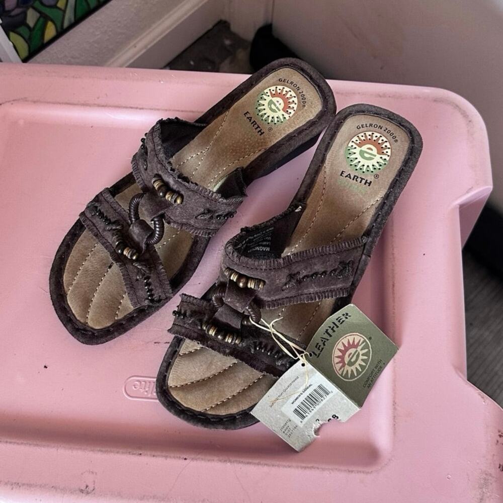 earth spirit brown leather slip on wedge sandals